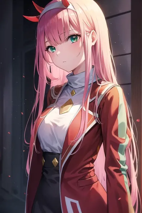 zerotwo, <lyco:zerotwo-lyco-nochekaiser:1>,
zero two, (green eyes:1.5), hairband, horns, long hair, pink hair, red horns, white hairband,
BREAK jacket, leggings, red jacket, white footwear,
BREAK indoors, classroom,
BREAK looking at viewer, (cowboy shot:1.5),
BREAK <lyco:GoodHands-beta2:1>, (masterpiece:1.2), best quality, high resolution, unity 8k wallpaper, (illustration:0.8), (beautiful detailed eyes:1.6), extremely detailed face, perfect lighting, extremely detailed CG, (perfect hands, perfect anatomy),