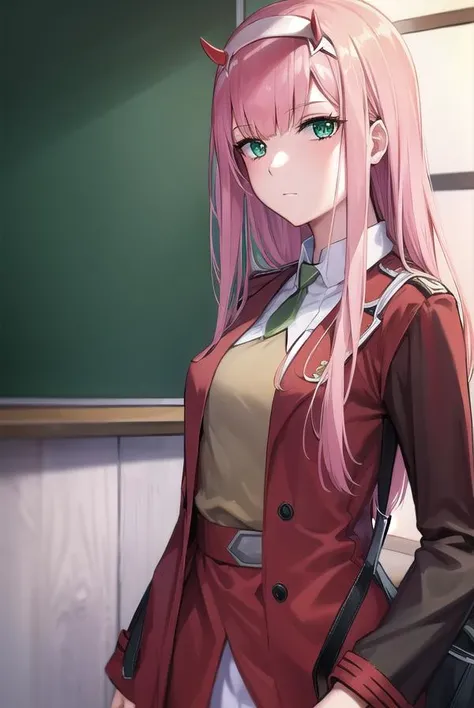 zerotwo, <lyco:zerotwo-lyco-nochekaiser:1>,
zero two, (green eyes:1.5), hairband, horns, long hair, pink hair, red horns, white hairband,
BREAK jacket, leggings, red jacket, white footwear,
BREAK indoors, classroom,
BREAK looking at viewer, (cowboy shot:1.5),
BREAK <lyco:GoodHands-beta2:1>, (masterpiece:1.2), best quality, high resolution, unity 8k wallpaper, (illustration:0.8), (beautiful detailed eyes:1.6), extremely detailed face, perfect lighting, extremely detailed CG, (perfect hands, perfect anatomy),