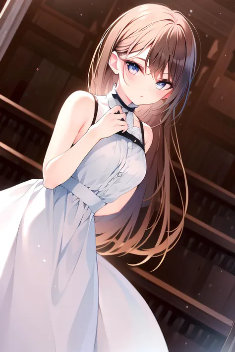 ((masterpiece)), ((best quality)), (ultra-detailed), NSFW, ((torture chamber)),(torture),(((single narrow belt strongly bound waist))),a cute girl, 1girl, solo, (white mini tanktop dress),(chain bound arms), (both hands are bound and is hung from the ceiling),((thin waist)),((bdsm)),beautiful brown hair, beautiful blue eyes, (beautiful eyes), long hair,troubled expression
