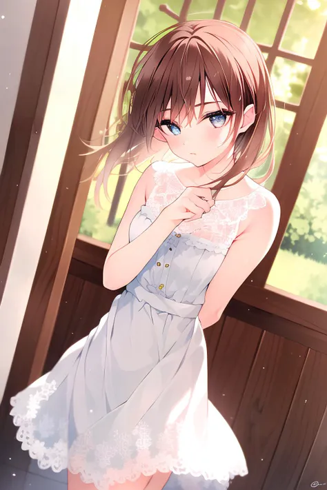 1 Girl,tokai teio (umamusume),(umamusume),shiny skin,sweat,blush,big breasts,sundress,white dress,see-through,aged down,masterpiece,best quality,very aesthetic,mid,absurdres,