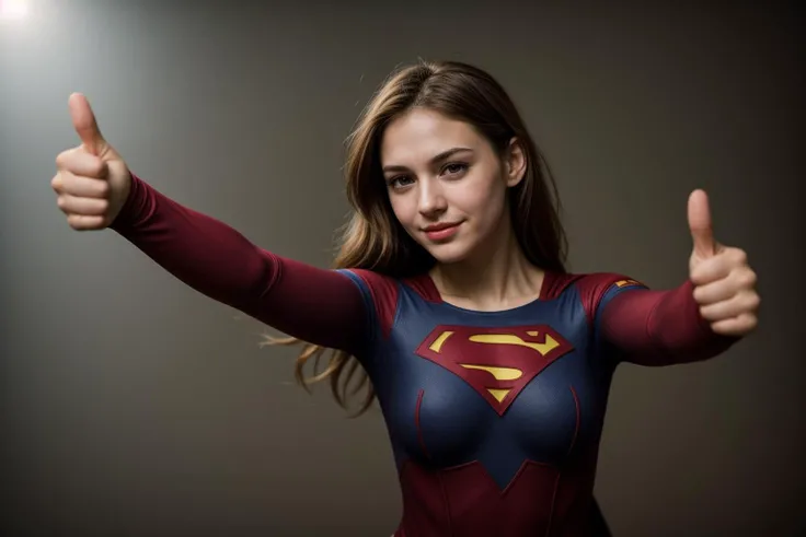 DC s,medium shot,photo of a 18 year old girl,supergirl,arm stretching,thumbs up,happy,ray tracing,detail shadow,shot on Fujifilm X-T4,85mm f1.2,sharp focus,depth of field,blurry background,bokeh,motion blur,motion lines,<lora:add_detail:1>,<lora:LCM_LoRA_Weights_SD15:1>,