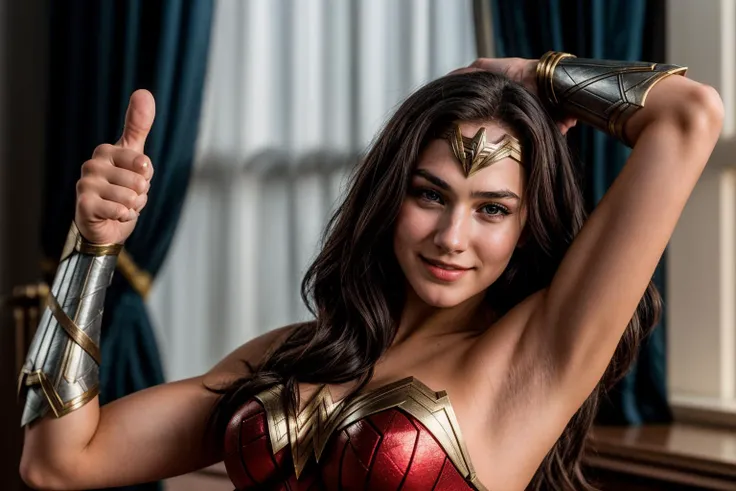 DC s,photo of a 18 year old girl,wonder woman,arm stretching,thumbs up,happy,laughing,ray tracing,detail shadow,shot on Fujifilm X-T4,85mm f1.2,sharp focus,depth of field,blurry background,bokeh,motion blur,motion lines,<lora:add_detail:1>,