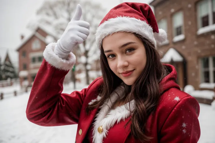 Marvel movies,photo of a 18 year old girl,spiderman,arm stretching,thumbs up,happy,laughing,Santa Clausâs outfit,Red Coat,Red Hat,White Gloves,christmas theme,Christmas tree,snowman,outdoor,windy,heavy snow,detail background,ray tracing,detail shadow,shot on Fujifilm X-T4,85mm f1.2,sharp focus,depth of field,blurry background,bokeh,motion blur,motion lines,<lora:add_detail:1>,