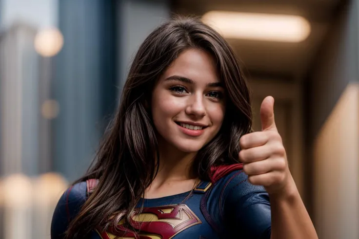 DC movies,photo of a 18 year old girl,supergirl,arm stretching,thumbs up,happy,laughing,ray tracing,detail shadow,shot on Fujifilm X-T4,85mm f1.2,sharp focus,depth of field,blurry background,bokeh,motion blur,motion lines,<lora:add_detail:1>,