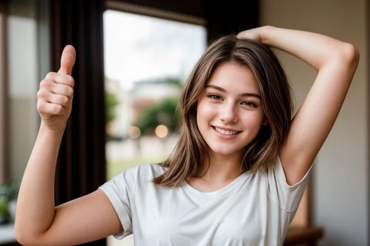 photo of a 18 year old girl,arm stretching,thumbs up,happy,laughing,ray tracing,detail shadow,shot on Fujifilm X-T4,85mm f1.2,sharp focus,depth of field,blurry background,bokeh,motion blur,motion lines,<lora:add_detail:1>,