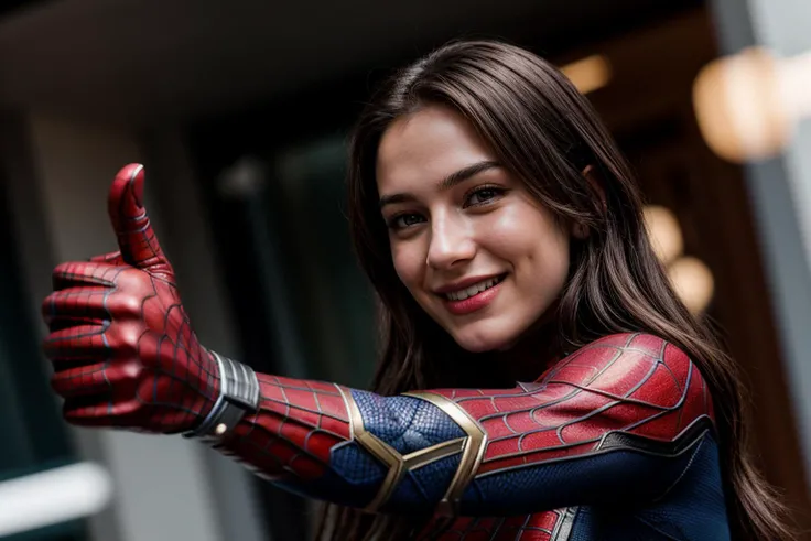 Marvel s,photo of a 18 year old girl,spiderman,arm stretching,thumbs up,happy,laughing,ray tracing,detail shadow,shot on Fujifilm X-T4,85mm f1.2,sharp focus,depth of field,blurry background,bokeh,motion blur,motion lines,<lora:add_detail:1>,