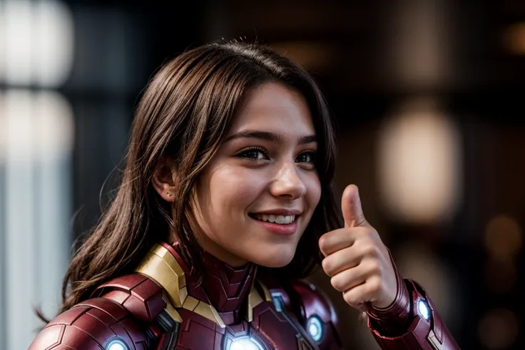 Marvel movies,photo of a 18 year old girl,ironman,thumbs up,happy,laughing,ray tracing,detail shadow,shot on Fujifilm X-T4,85mm f1.2,sharp focus,depth of field,blurry background,bokeh,motion blur,motion lines,<lora:add_detail:1>,