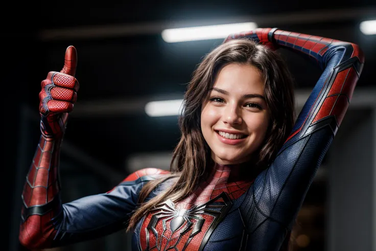 Marvel movies,photo of a 18 year old girl,spiderman,arm stretching,thumbs up,happy,laughing,ray tracing,detail shadow,shot on Fujifilm X-T4,85mm f1.2,sharp focus,depth of field,blurry background,bokeh,motion blur,motion lines,<lora:add_detail:1>,