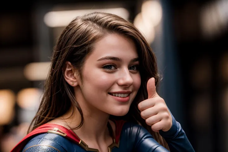 DC movies,photo of a 18 year old girl,supergirl,thumbs up,happy,laughing,ray tracing,detail shadow,shot on Fujifilm X-T4,85mm f1.2,sharp focus,depth of field,blurry background,bokeh,motion blur,motion lines,<lora:add_detail:1>,