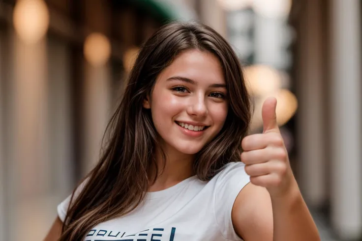 photo of a 18 year old girl,arm stretching,thumbs up,happy,laughing,shirt,ray tracing,detail shadow,shot on Fujifilm X-T4,85mm f1.2,sharp focus,depth of field,blurry background,bokeh,motion blur,motion lines,<lora:add_detail:1>,