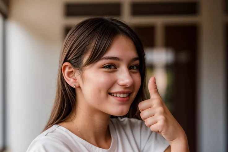 photo of a 18 year old girl,thumbs up,happy,laughing,ray tracing,detail shadow,shot on Fujifilm X-T4,85mm f1.2,sharp focus,depth of field,blurry background,bokeh,motion blur,motion lines,<lora:add_detail:1>,