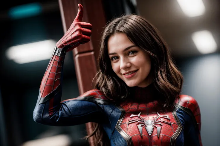 Marvel s,photo of a 18 year old girl,spiderman,arm stretching,thumbs up,happy,laughing,ray tracing,detail shadow,shot on Fujifilm X-T4,85mm f1.2,sharp focus,depth of field,blurry background,bokeh,motion blur,motion lines,<lora:add_detail:1>,
