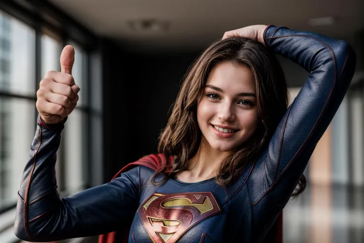 DC movies,photo of a 18 year old girl,supergirl,arm stretching,thumbs up,happy,laughing,ray tracing,detail shadow,shot on Fujifilm X-T4,85mm f1.2,sharp focus,depth of field,blurry background,bokeh,motion blur,motion lines,<lora:add_detail:1>,