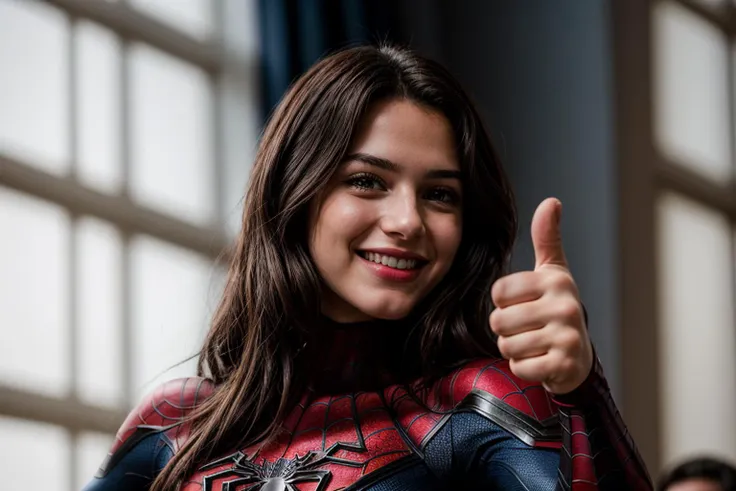 Marvel movies,photo of a 18 year old girl,spiderman,arm stretching,thumbs up,happy,laughing,ray tracing,detail shadow,shot on Fujifilm X-T4,85mm f1.2,sharp focus,depth of field,blurry background,bokeh,motion blur,motion lines,<lora:add_detail:1>,