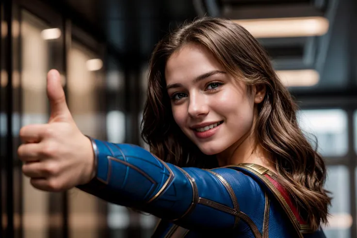 DC s,photo of a 18 year old girl,supergirl,arm stretching,thumbs up,happy,laughing,ray tracing,detail shadow,shot on Fujifilm X-T4,85mm f1.2,sharp focus,depth of field,blurry background,bokeh,motion blur,motion lines,<lora:add_detail:1>,