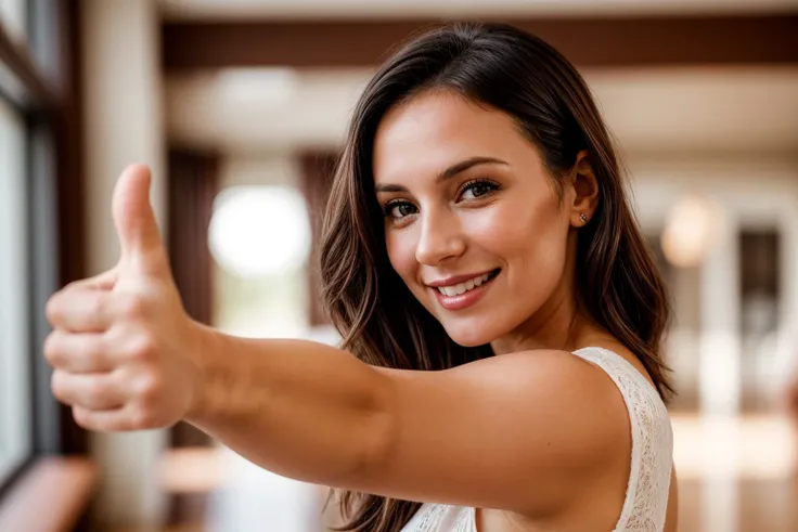 photo of a 30 year old girl,arm stretching,thumbs up,happy,laughing,ray tracing,detail shadow,shot on Fujifilm X-T4,85mm f1.2,sharp focus,depth of field,blurry background,bokeh,motion blur,motion lines,<lora:add_detail:1>,