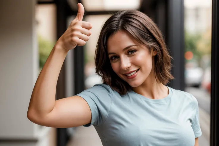 photo of a 30 year old girl,arm stretching,thumbs up,happy,laughing,shirt,ray tracing,detail shadow,shot on Fujifilm X-T4,85mm f1.2,sharp focus,depth of field,blurry background,bokeh,motion blur,motion lines,<lora:add_detail:1>,
