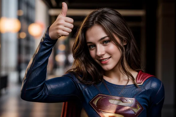 DC movies,photo of a 18 year old girl,supergirl,arm stretching,thumbs up,happy,laughing,shirt,ray tracing,detail shadow,shot on Fujifilm X-T4,85mm f1.2,sharp focus,depth of field,blurry background,bokeh,motion blur,motion lines,<lora:add_detail:1>,