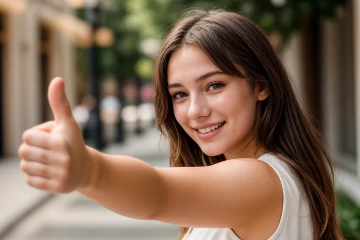 photo of a 18 year old girl,arm stretching,thumbs up,happy,laughing,ray tracing,detail shadow,shot on Fujifilm X-T4,85mm f1.2,sharp focus,depth of field,blurry background,bokeh,motion blur,motion lines,<lora:add_detail:1>,