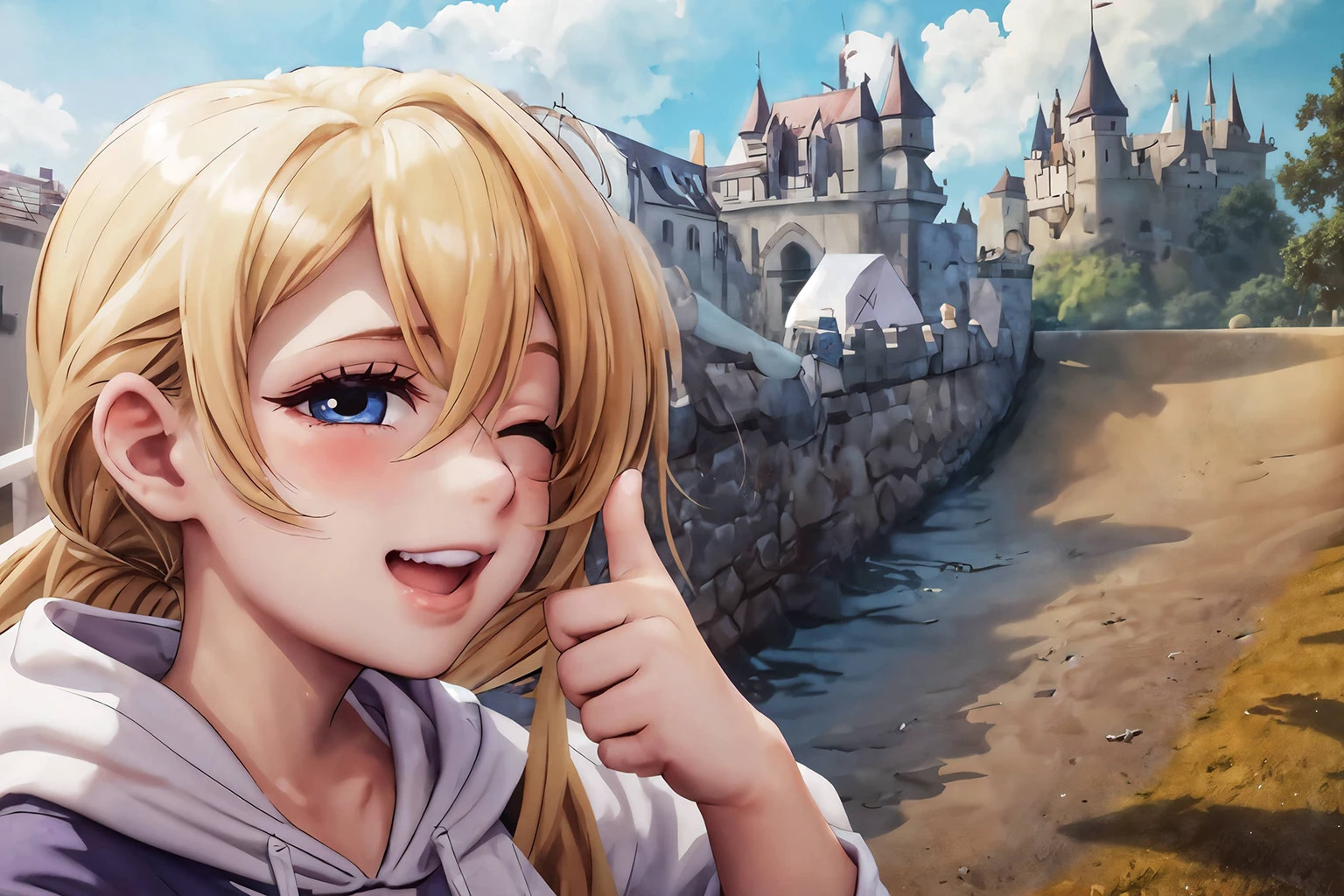 (detailed eyes:1.3), Beautiful Lighting, (1girl:blue eyes, (blonde hair:1.4), absurdly long hair, (hair between eyes:1.1)), (real skin), <lora:Tool - Detail up:0.5>, <lora:y:1>,
(outdoors, beautiful castle, landscape:1.3), hoodie, <lora:age_slider-LECO-v1:-4>, one eye closed, 1girl, arm stretching, thumbs up, nail,