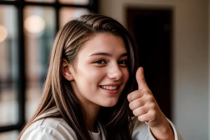 photo of a 18 year old girl,thumbs up,happy,laughing,ray tracing,detail shadow,shot on Fujifilm X-T4,85mm f1.2,sharp focus,depth of field,blurry background,bokeh,motion blur,motion lines,<lora:add_detail:1>,