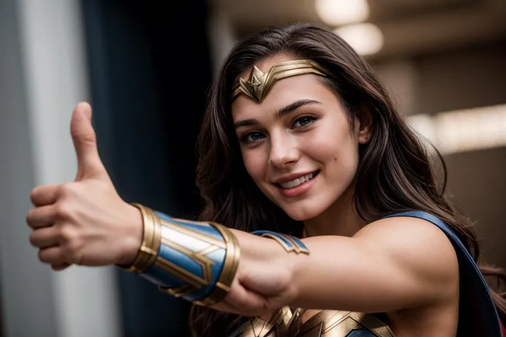 DC s,photo of a 18 year old girl,wonder woman,arm stretching,thumbs up,happy,laughing,ray tracing,detail shadow,shot on Fujifilm X-T4,85mm f1.2,sharp focus,depth of field,blurry background,bokeh,motion blur,motion lines,<lora:add_detail:1>,