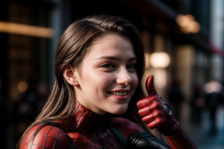 Marvel s,photo of a 18 year old girl,spiderman,thumbs up,happy,laughing,ray tracing,detail shadow,shot on Fujifilm X-T4,85mm f1.2,sharp focus,depth of field,blurry background,bokeh,motion blur,motion lines,<lora:add_detail:1>,