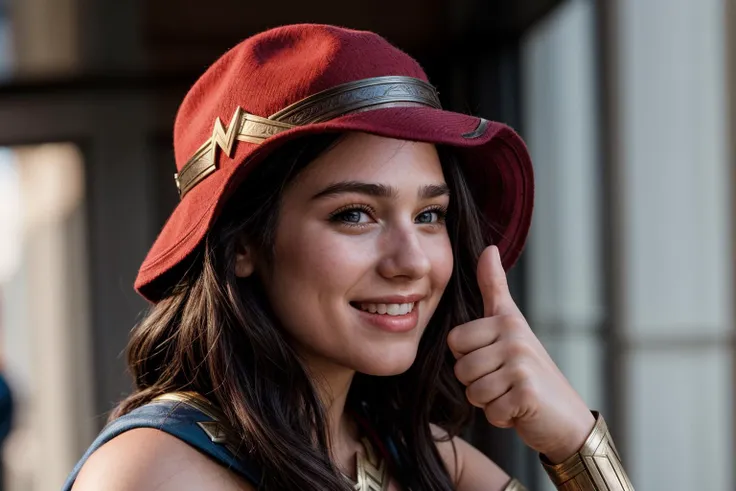 DC movies,photo of a 18 year old girl,wonder woman,thumbs up,happy,laughing,ray tracing,detail shadow,shot on Fujifilm X-T4,85mm f1.2,sharp focus,depth of field,blurry background,bokeh,motion blur,motion lines,<lora:add_detail:1>,