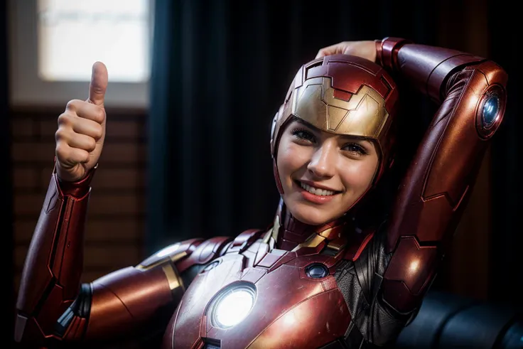 Marvel s,photo of a 18 year old girl,ironman,arm stretching,thumbs up,happy,laughing,ray tracing,detail shadow,shot on Fujifilm X-T4,85mm f1.2,sharp focus,depth of field,blurry background,bokeh,motion blur,motion lines,<lora:add_detail:1>,
