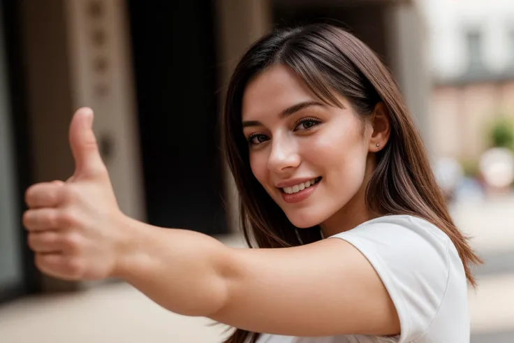 photo of a 25 year old girl,arm stretching,thumbs up,happy,laughing,ray tracing,detail shadow,shot on Fujifilm X-T4,85mm f1.2,sharp focus,depth of field,blurry background,bokeh,motion blur,motion lines,<lora:add_detail:1>,