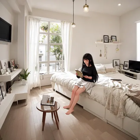best quality, ultra-detailed, illustration, extremely intricate,
JJROOM, scenery, 1girl, black hair, sitting, long hair, indoors, book, bed, skirt, pillow, curtains, window, holding, long sleeves, reading, shirt, realistic, solo,
<lora:JAPAN_Scenery_Hitorikurashi_Joshi_no_Heya_SD15_V1:1>