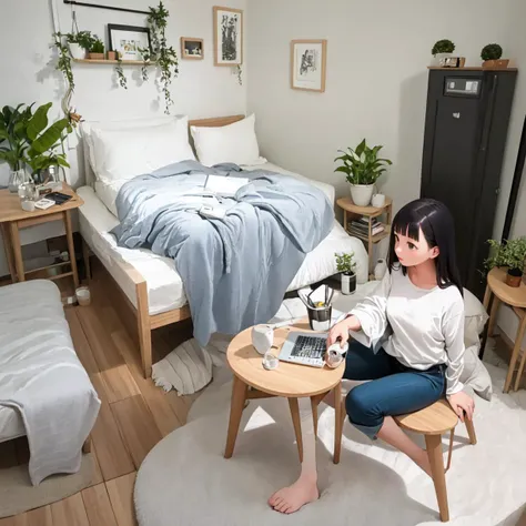 best quality, ultra-detailed, illustration, extremely intricate,
JJROOM, scenery, 1girl, laptop, computer, plant, black hair, sitting, indoors, chair, bed, shirt, potted plant, wide shot, table, pants, realistic, solo,
<lora:JAPAN_Scenery_Hitorikurashi_Joshi_no_Heya_SD15_V1:1>