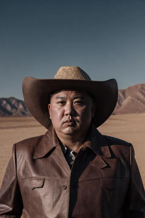 K1mJ0ngUn in a (cowboy costume:1.3), cowboy hat, boots, serious facial expression, portrait photo of a man, symmetrical face, cinematic, (north korean:1.2), raw photo, film grain, portra 400, high quality, masterpiece, short black hair, desert, <lora:epiCRealismHelper:1> <lora:Kimmy2-08:0.7>  <lora:epiNoiseoffset_v2Pynoise:1>
<lora:LowRA:0.6>