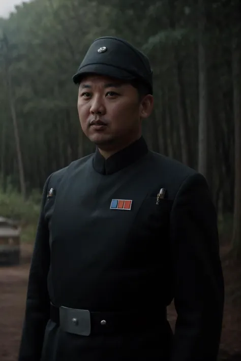 a chubby asian man in a imperialofficer uniform, (blue military badge), (standing in a forest), serious facial expression, photo of a man, symmetrical face, cinematic, (north korean:1.2), raw photo, film grain, portra 400, high quality, masterpiece, short black hair, <lora:epiCRealismHelper:1>  <lora:epiNoiseoffset_v2Pynoise:1>
  <lora:ImpofficerV2:0.75>