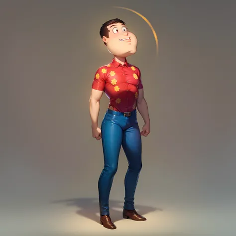 ((masterpiece, best quality)),(complex light), quagmire, solo, shirt, 1boy, male focus, standing, full body, short sleeves, collared shirt, red shirt, blue pants,<lora:TheGooder_Quagmire2-10:0.6>,brown shoes, simple background, black eyes, big cleft chin,