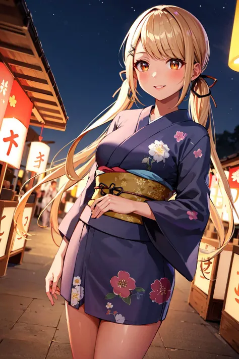 masterpiece, best quality, highres, aaqpi, long hair, low twintail, hair ribbon, hairclip, medium breasts, <lora:kaminari_qpi_v1:0.7>, yukata, japanese clothes, floral print, smile, summer festival, night, standing, outdoors,