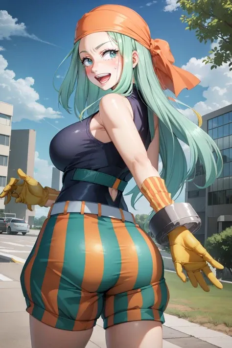 EmiHS2, solo, 1girl, green hair, bandana, long hair, smile, breasts, looking at viewer, gloves,bare shoulders, sleeveless, green eyes, large breasts, open mouth, cowboy shot, striped, striped clothes, belt, orange gloves, aqua hair, shorts, :d, eyelashes, teeth, shirt, blush, striped shorts, sweat, black shirt, sleeveless shirt, yellow gloves, puffy shorts, outdoors, sky, clouds, day, buildings, trees, bushes, from behind, looking back, ass focus,
 <lora:EmiHS2:0.8>