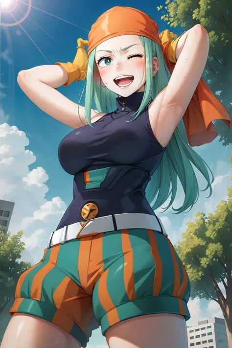 EmiHS2, solo, 1girl, green hair, bandana, long hair, smile, breasts, looking at viewer, gloves,bare shoulders, sleeveless, green eyes, large breasts, open mouth, cowboy shot, striped, striped clothes, belt, orange gloves, aqua hair, shorts, :d, eyelashes, teeth, shirt, blush,sitting, sitting in, girl stting, one eye closed, striped shorts, sweat, black shirt, sleeveless shirt, yellow gloves, puffy shorts, outdoors, sky, clouds, day, buildings, trees, bushes,
<lora:EmiHS2:0.8>