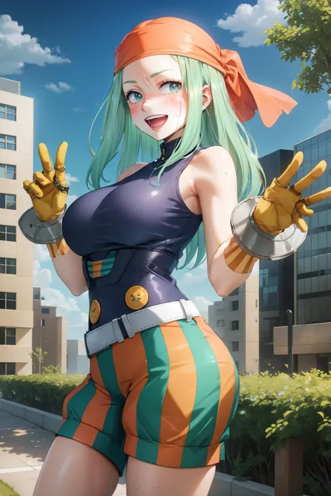 EmiHS2, solo, 1girl, green hair, bandana, long hair, smile, breasts, looking at viewer, gloves,bare shoulders, sleeveless, green eyes, large breasts, open mouth, cowboy shot, striped, striped clothes, belt, orange gloves, aqua hair, shorts, :d, eyelashes, teeth, shirt, blush, striped shorts, sweat, black shirt, sleeveless shirt, yellow gloves, puffy shorts, outdoors, sky, clouds, day, buildings, trees, bushes,
<lora:EmiHS2:0.8>