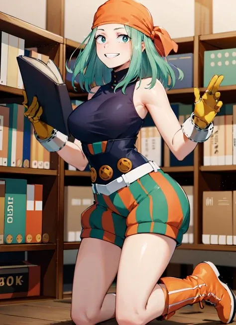 ((best quality)), ((highly detailed)), absurdres, (detailed eyes, deep eyes), (1girl), dynamic pose, full body, <lora:EmiHS2-Moka19:.8>, EmiHS2, green hair, medium hair, dark green eyes, large breasts, smiling, bandana, black shirt, sleeveless shirt, orange gloves, striped shorts, puffy shorts, belt, boots, (indoors, at a library, book shelves, open book)