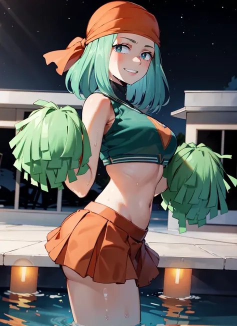 ((best quality)), ((highly detailed)), absurdres, (detailed eyes, deep eyes), (1girl), cowboy shot, <lora:EmiHS2-Moka19:.8>, EmiHS2, green hair, medium hair, dark green eyes, large breasts, smiling, bandana, <lora:UACheerleader:1>, U.A. CheerUniform, orange crop top, orange skirt, pom pom \(cheerleading\), (outside, at a lake, wet hair, evening, night sky, stars, moonlight)
