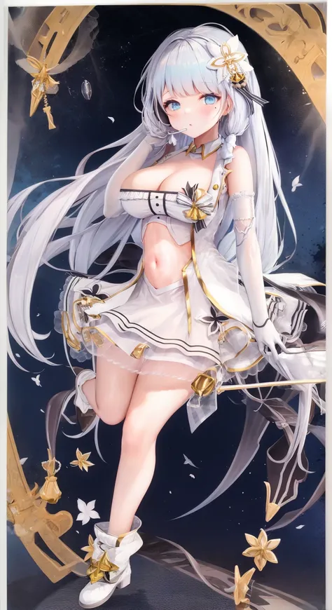 masterpiece, best quality, illustrious \(azur lane\), 1girl, blue eyes, wihte hair, very long hair, hair ornament, breasts, white dress, detached collar, bare shoulders, navel, elbow gloves, mole under eye, white footwear, full body,