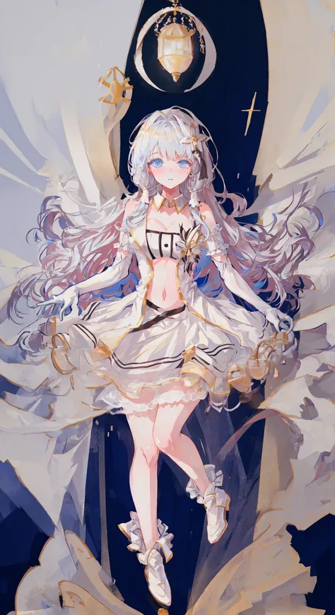 masterpiece, best quality, illustrious \(azur lane\), 1girl, blue eyes, wihte hair, very long hair, hair ornament, breasts, white dress, detached collar, bare shoulders, navel, elbow gloves, mole under eye, white footwear, full body,