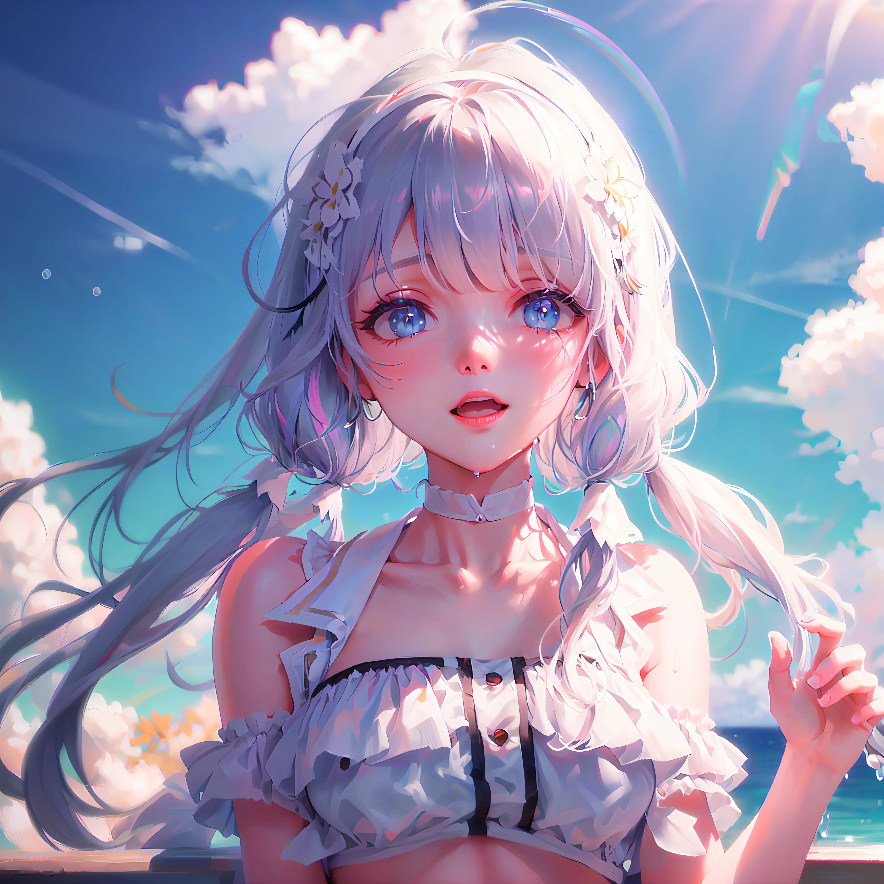 art by Cornflower, dreamy (1girl, solo, looking_at_viewer, smile,low twintails, open_mouth, bangs,bare_shoulders, jewelry, upper_body, white_hair, earrings, multicolored_hair, choker, tank top,water, off_shoulder, streaked_hair, tattoo, floating_hair,hairband,beautiful detailed sky,beautiful detailed water,Splashing water,sunlight, nsfw, (cum drip), (semen pool), semen drip, spread leg, ),Swimwear,((white hair)),