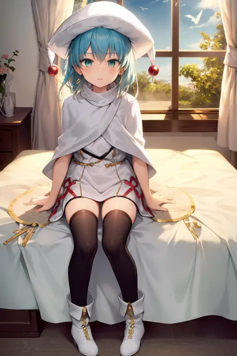 masterpiece, best quality, <lora:hecate:1>,1girl, solo, blue hair, hat, cape, green eyes, short hair, boots, socks, thighhighs, blue eyes, jewelry, earrings,white dress, sitting, window, full body, black socks