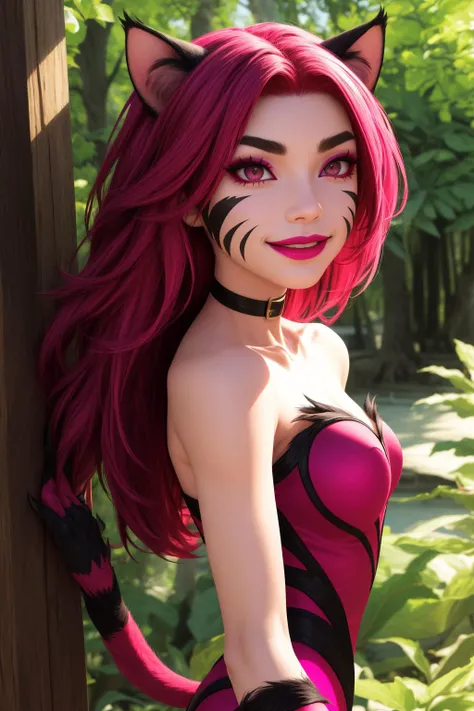 nyanya, 1girl, solo, pink eyes, slit pupils, colored sclera, pink hair, long hair, bangs, whisker markings, makeup, cat ears, cat tail, claws, pink skin, cat girl,
bare shoulders, black choker, bracer, pink leotard, long fingernails, sharp fingernails, fang,
smile,closed mouth,cowboy shot,upper body,
forest,outdoor,
(insanely detailed, beautiful detailed face, masterpiece, best quality) cinematic lighting,<lora:NyaNya_v2:1>, <lora:more_details:0.3>,