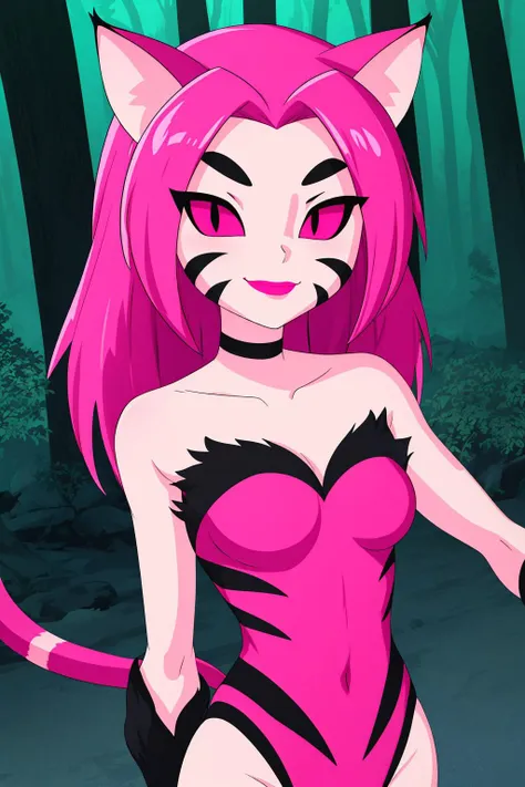 nyanya, 1girl, solo, pink eyes, slit pupils, colored sclera, pink hair, long hair, bangs, whisker markings, makeup, cat ears, cat tail, claws, pink skin, cat girl,
bare shoulders, black choker, bracer, pink leotard, 
smile,closed mouth,cowboy shot,upper body,
forest,outdoor,
(insanely detailed, beautiful detailed face, masterpiece, best quality) cinematic lighting,<lora:NyaNya_v2:1>, <lora:more_details:0.3>,