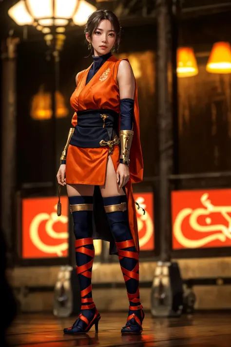 highres,absurdres,masterpiece,best quality,original,extremely detailed CG,extremely detailed wallpaper,perfect lighting,looking at viewer,bare hands,1girl,blurry background,standing on stage,
<lora:Kaede:0.6>, Kaede,black thigh highs,sleeveless,short orange kimono,elbow gloves,bronze arm guards,ninja,
