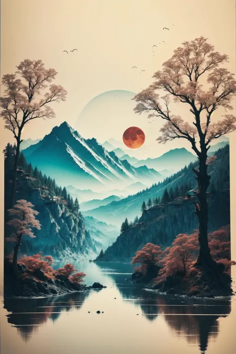 gfsqm, tree, no humans, scenery, mountain,silhouette,branch, no humans, full moon, tree, horse, solo, sky, red moon, branch, bare tree,deer,Deer drinks water