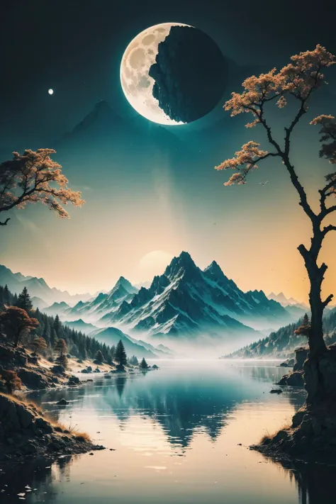 gfsqm, tree, no humans, scenery, mountain,silhouette,branch, tree, bird, moon, sky, no humans, rabbit, rabbit ears, star \(sky\), full moon, solo